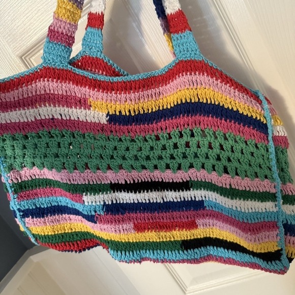 Celia B Rainbow Stripe Crochet Tote Purse Handbag Shoulder Bag Boho Festival NWT - Picture 5 of 12